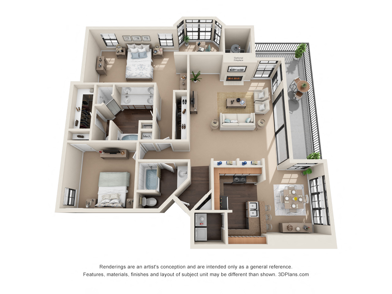 Floor plan for 2 beds, 2 baths, 1620 sqft